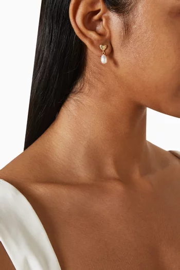 Heart Crystal Pearl Drop Earrings in Metal