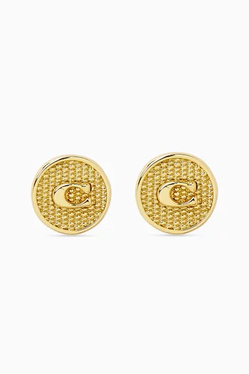 Textured C Coin Stud Earrings in Metal