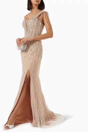 One-shoulder Beaded Gown