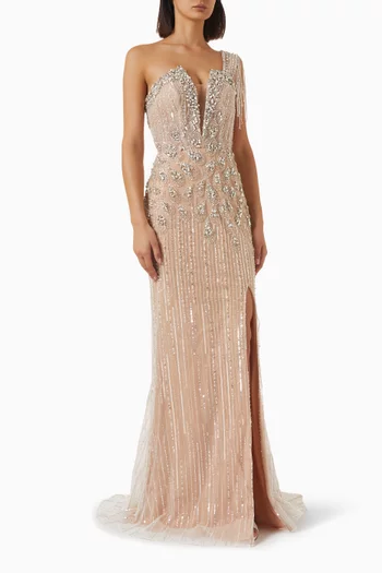 One-shoulder Beaded Gown