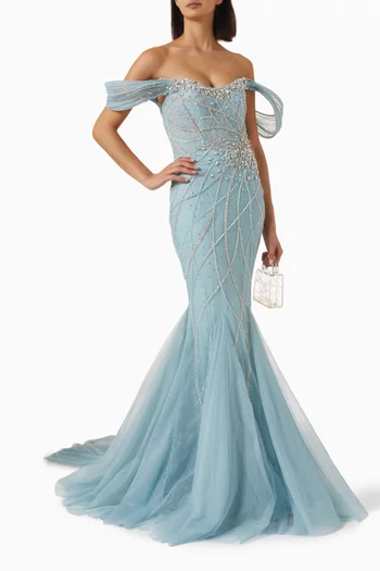 Off-shoulder Beaded Mermaid Gown