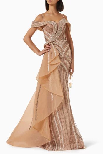Off-shoulder Sequin Gown in Mesh