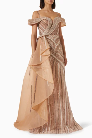 Off-shoulder Sequin Gown in Mesh