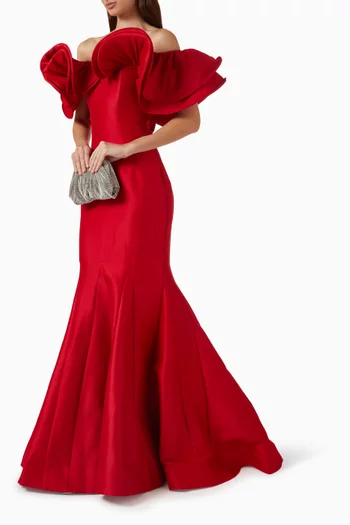 Ruffle Off-shoulder Gown in Mikado