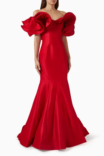 Ruffle Off-shoulder Gown in Mikado
