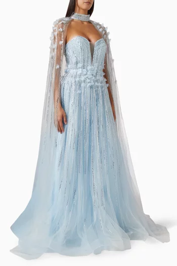 Beaded Cape Gown in Tulle