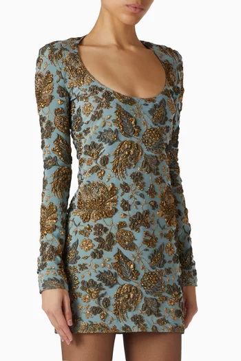 Décolleté Mini Dress in Stretch Brocade