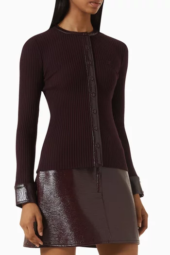 Contrasted Vinyl Cardigan in Rib-knit
