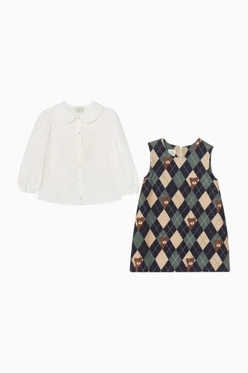Teddy Bear Dress & Long-sleeved Shirt Set