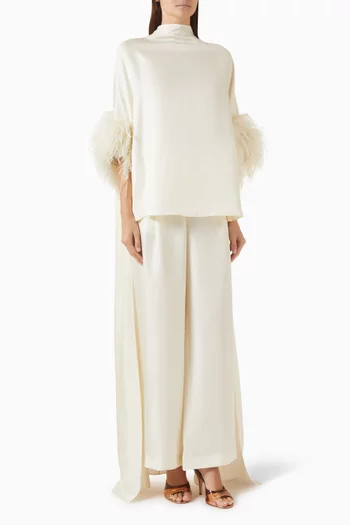 High-neck Feather-trim Top in Silk