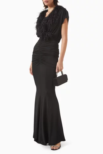 V-neck Feather Shirred Gown in Jersey