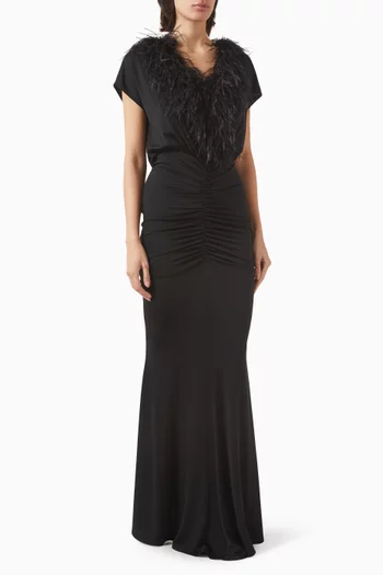 V-neck Feather Shirred Gown in Jersey