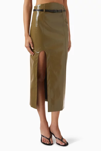 Ariana Belted Midi Skirt in Vegan Leather