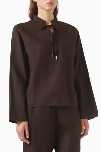 Tie-neck Long-sleeve Shirt in Linen-blend