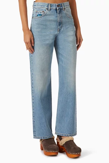 Floral Embroidered Straight Jeans in Denim