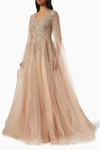 Beaded Cape Gown in Tulle