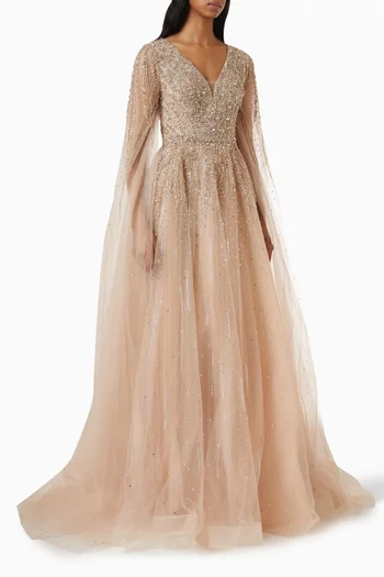 Beaded Cape Gown in Tulle