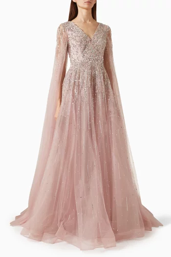 Beaded Cape Gown in Tulle