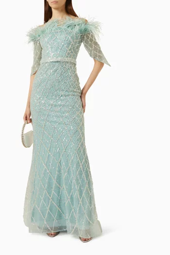 Feathered Crystal Mermaid Gown
