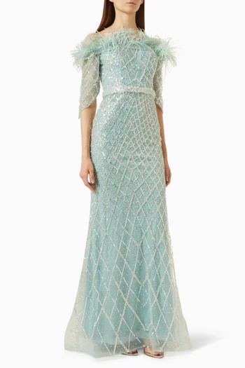 Feathered Crystal Mermaid Gown