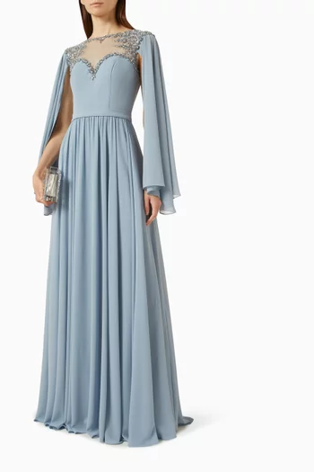 Beaded Illusion Cape Gown