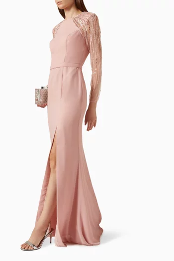 Beaded Illusion-sleeve Column Gown in Crepe