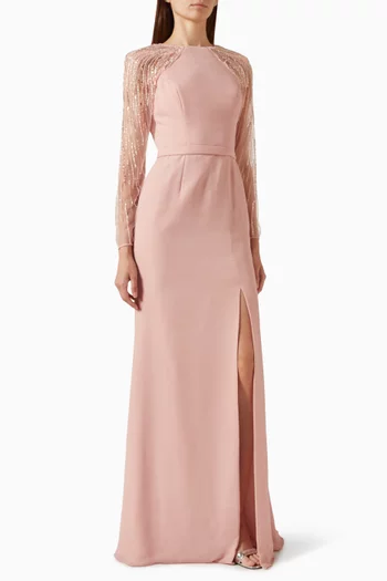 Beaded Illusion-sleeve Column Gown in Crepe