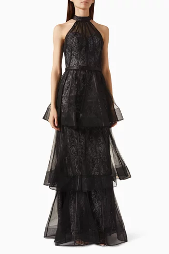 Tiered Lace Halter Gown