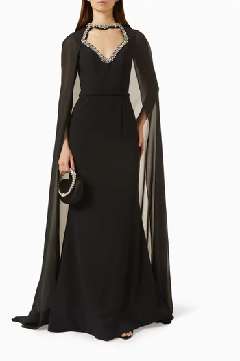 Crystal-Trim Cape Evening Gown