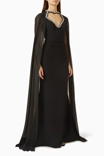 Crystal-Trim Cape Evening Gown