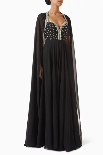 Crystal Embellished Cape Gown