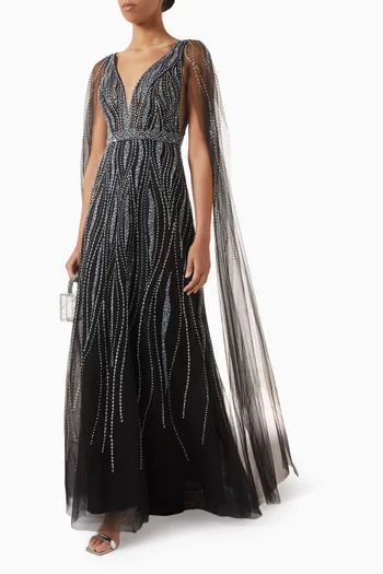Beaded V-neck Cape Gown