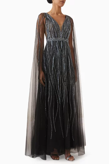 Beaded V-neck Cape Gown