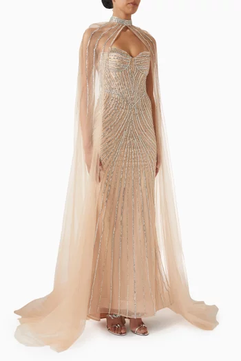Crystal-beaded Cape Gown in Tulle