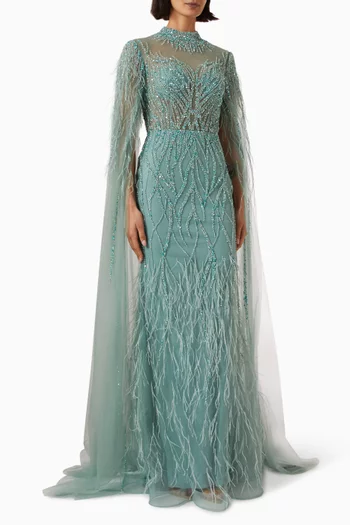 Feather Beaded Cape Mermaid Gown in Tulle