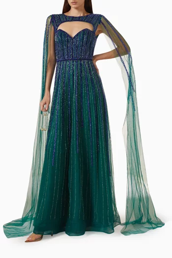 Ombre Cape Beaded Gown in Tulle