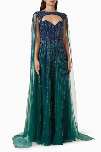 Ombre Cape Beaded Gown in Tulle