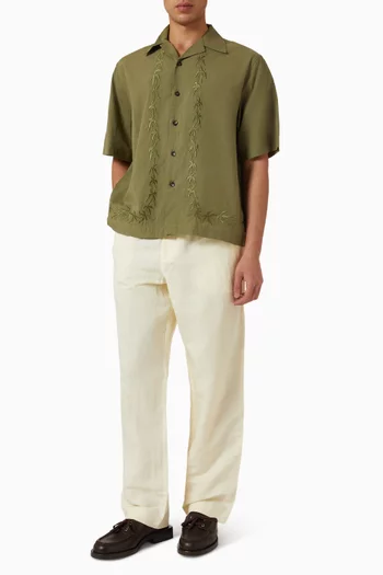 Palm Embroidery Bowling Shirt in Cotton