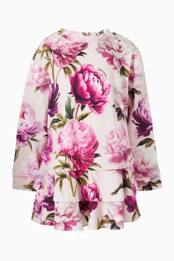 Peony-print Tiered Dress in Cotton