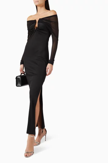 Orbit Ruched Column Dress in Sheer Rib Mesh