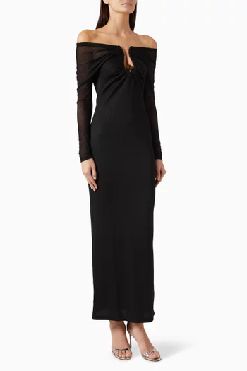 Orbit Ruched Column Dress in Sheer Rib Mesh