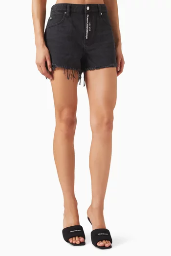 Logo Fly Distressed Shorts in Denim