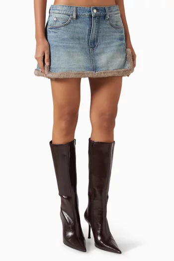 Faux Fur Trim Mini Skirt in Denim
