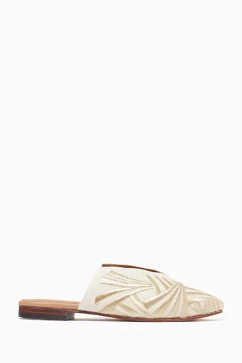 Sahara Leaf-embroidered Mules in Linen