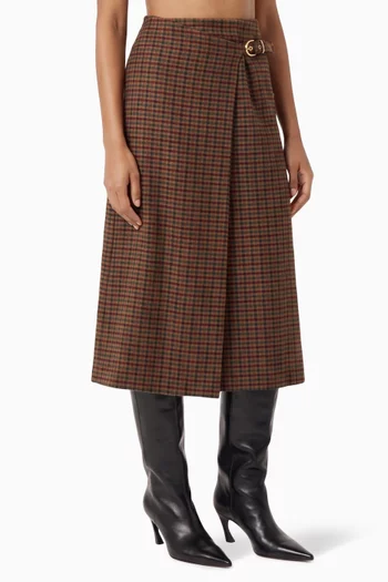 Check Wrap Midi Skirt in Wool-blend