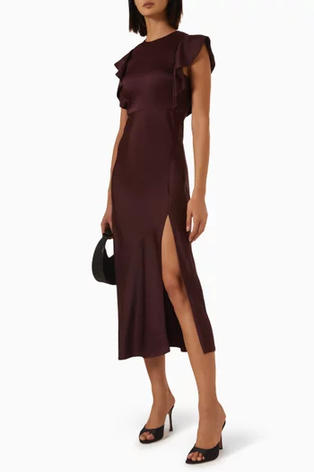 Ruffled-sleeves Midi Dress in Satin