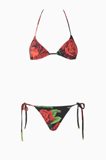 Rose-print Triangle Bikini Set
