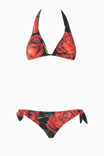 Rose-print Triangle Bikini Set