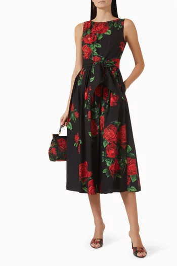 Rose-print Midi Dress in Cotton-poplin