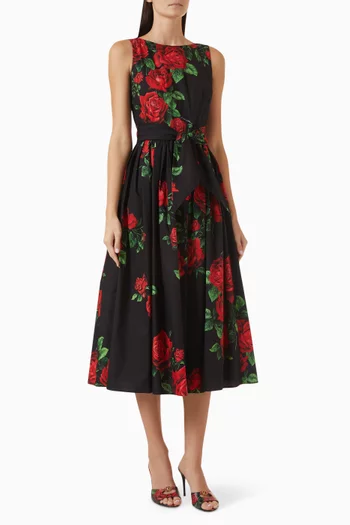 Rose-print Midi Dress in Cotton-poplin